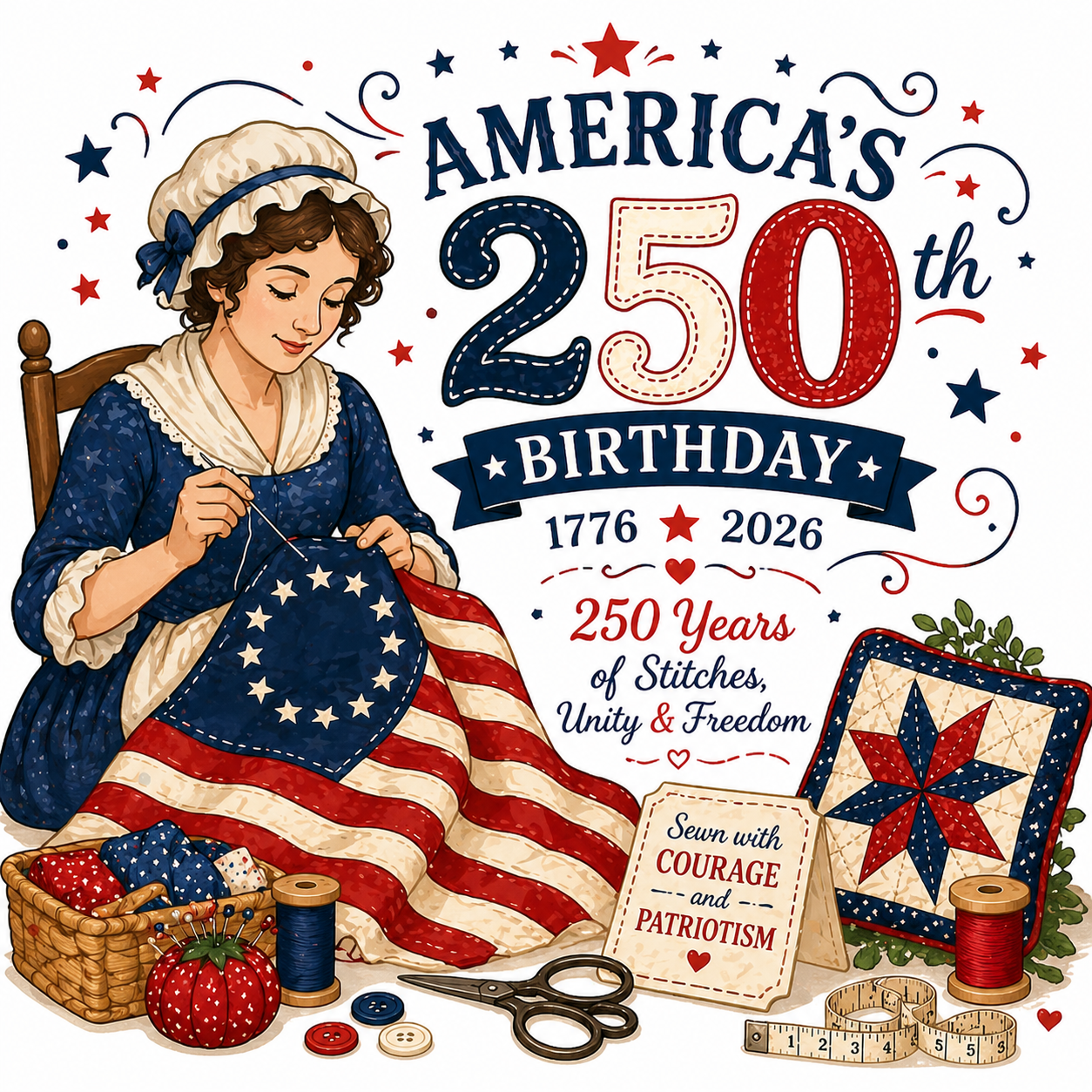 Illustration celebrating America's 250th birthday with a woman sewing an American flag.