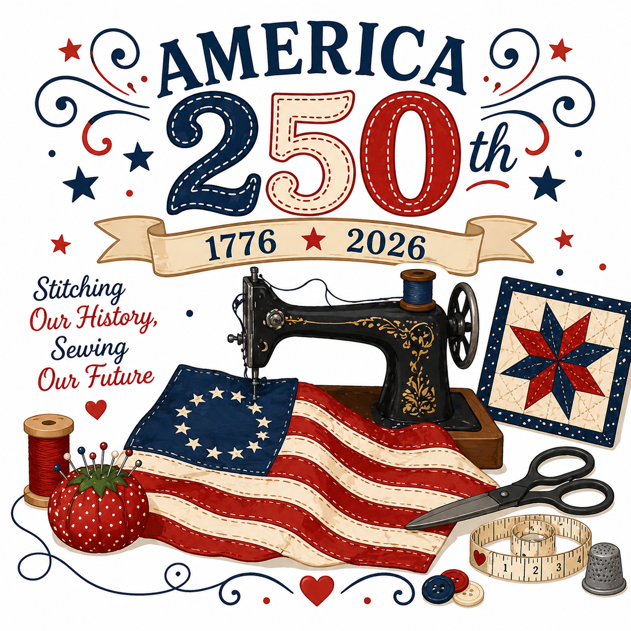 Illustration celebrating America's 250th anniversary with sewing-themed elements.