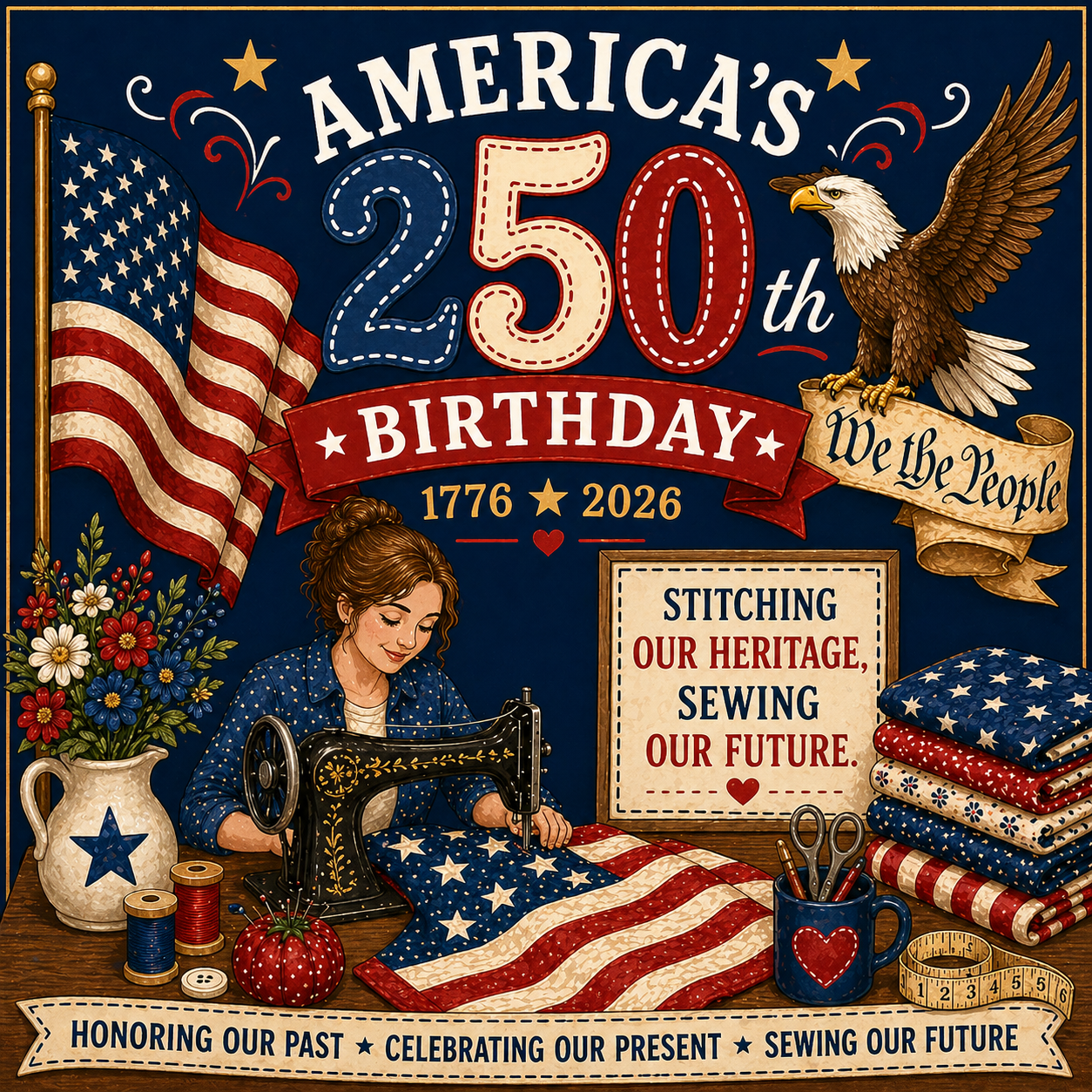 Illustration celebrating America's 250th birthday with an eagle, American flag, and sewing theme.