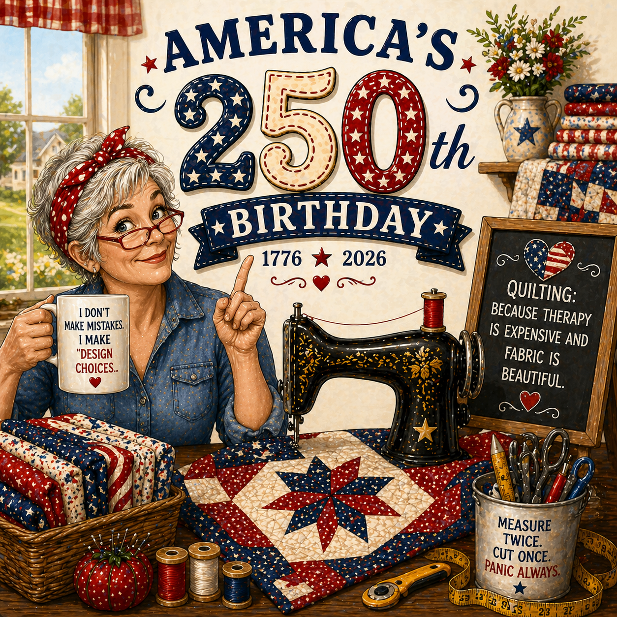 Illustration celebrating America's 250th birthday with a woman quilting.