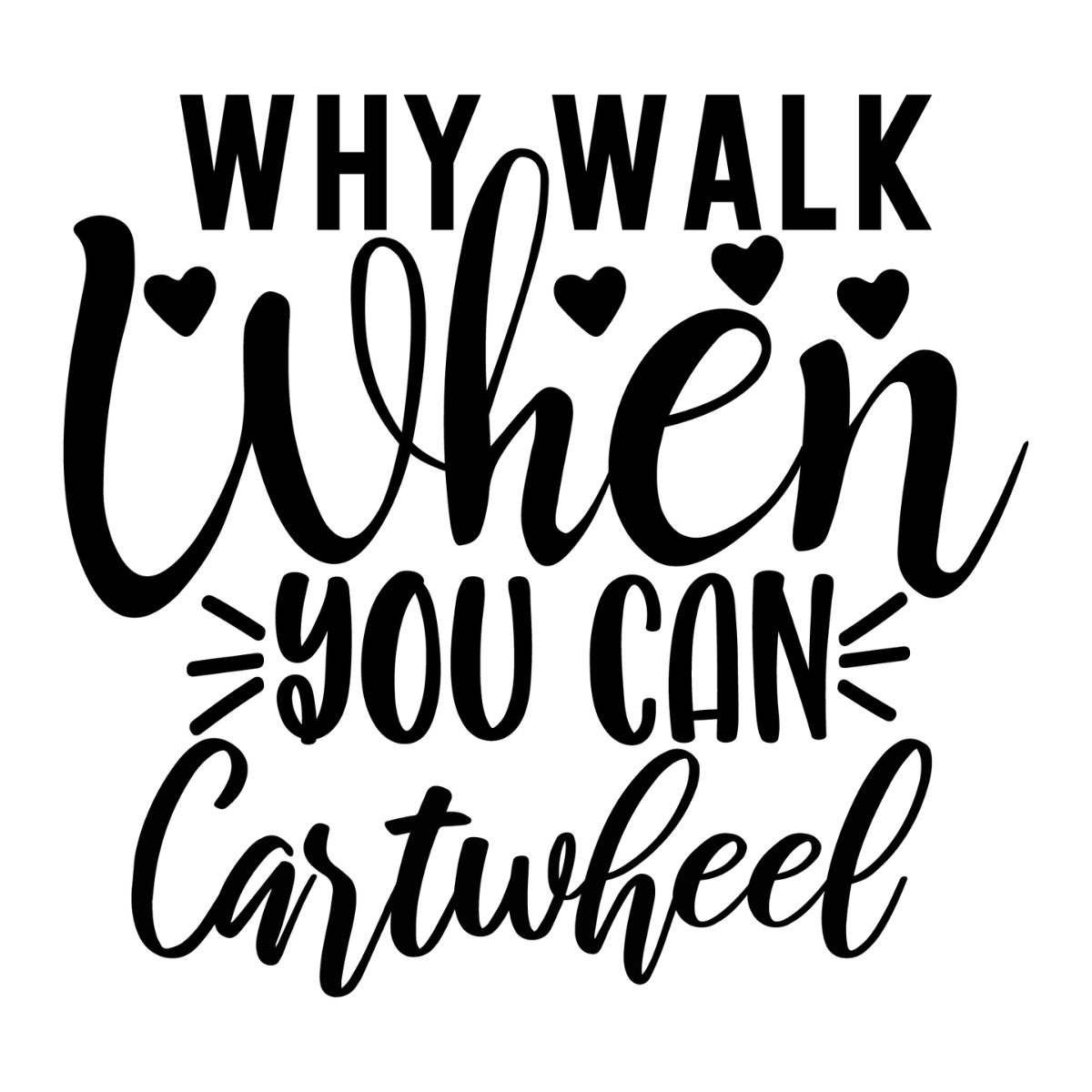 Black text on a white background with motivational quote 'Why walk when you can cartwheel'.  Pixie Printed handcrafted photo magnets — unique personalized gifts made with heart. ❤️