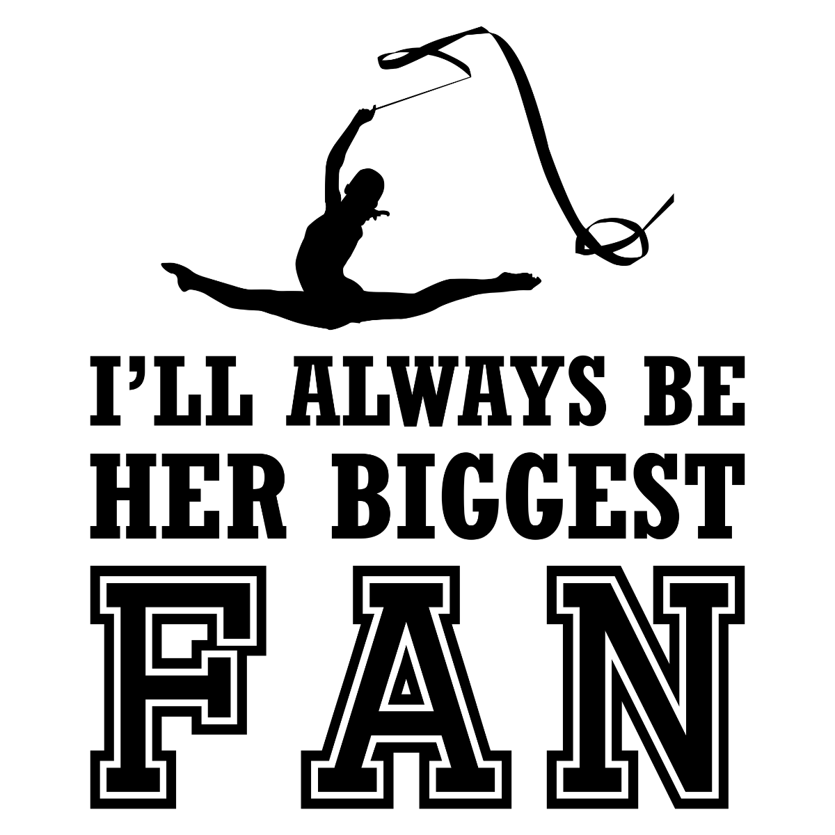 Gymnast silhouette with text 'I'll always be her biggest fan' on a white background.  Pixie Printed handcrafted photo magnets — unique personalized gifts made with heart. ❤️