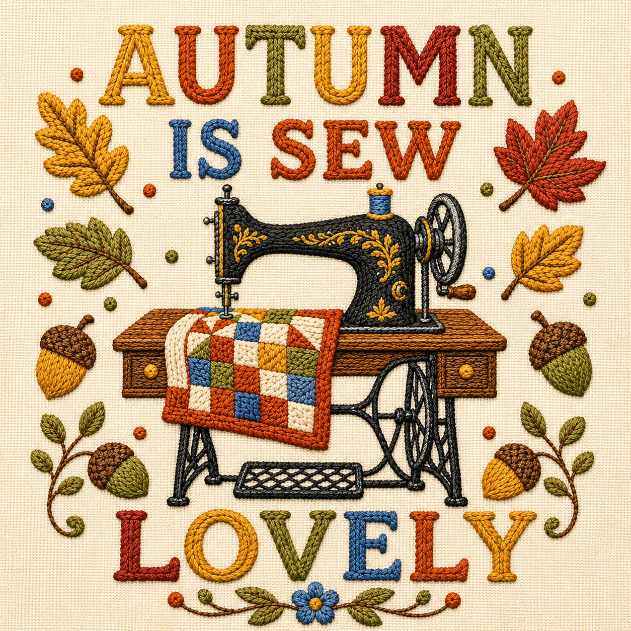 Embroidered-style autumn-themed artwork reading “AUTUMN IS SEW LOVELY,” featuring a black vintage sewing machine with a patchwork quilt draped over it, surrounded by leaves, acorns, vines, and small flowers on a cream fabric background.
