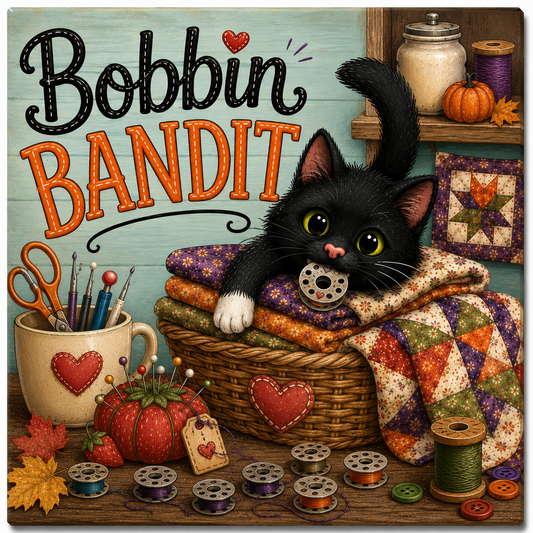 Playful black cat in a basket full of fabric.  The cat is "stealing" a bobbin from the pile.