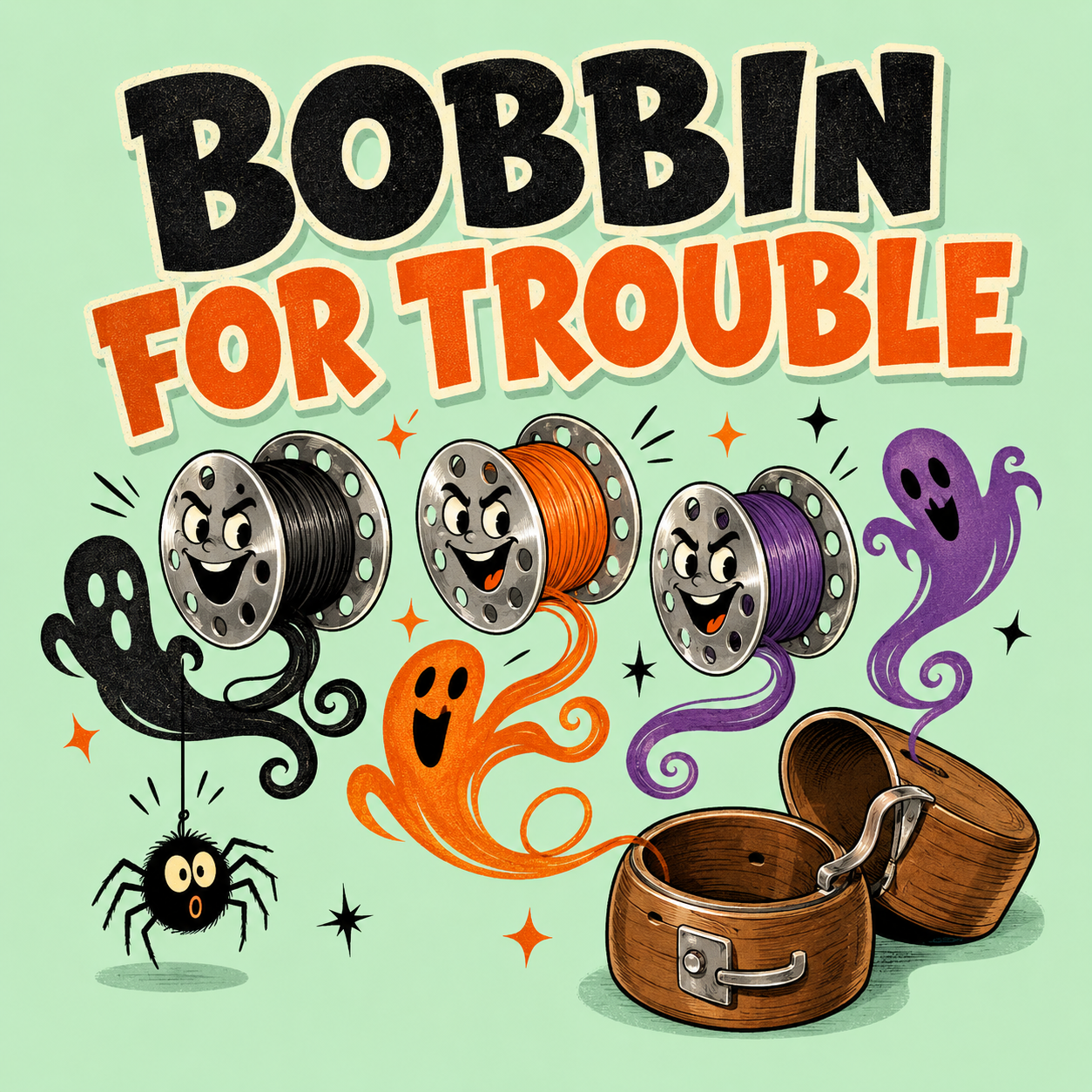 Halloween-themed graphic with the text 'BOBBIN FOR TROUBLE' above four cartoon spools of thread with ghostly faces, a black spider, and an open wooden box on a pale mint background.