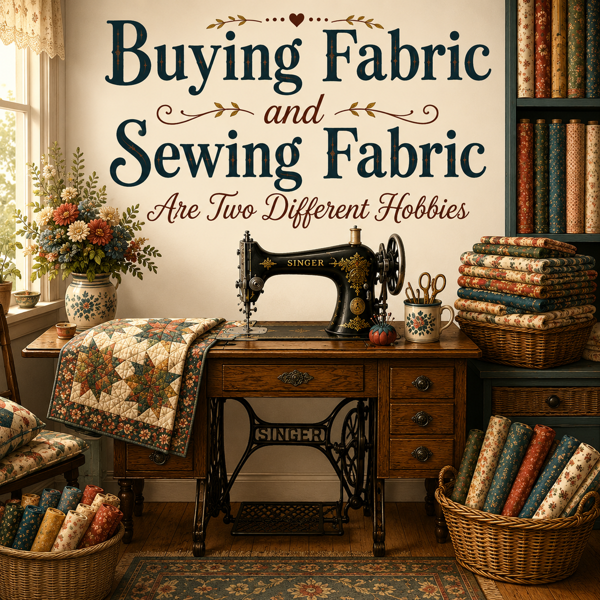 A cozy sewing room scene with a vintage Singer sewing machine on a wooden table, surrounded by baskets of fabric, folded quilts, flowers, and shelves of thread. Large wall text reads, 'Buying Fabric and Sewing Fabric Are Two Different Hobbies.