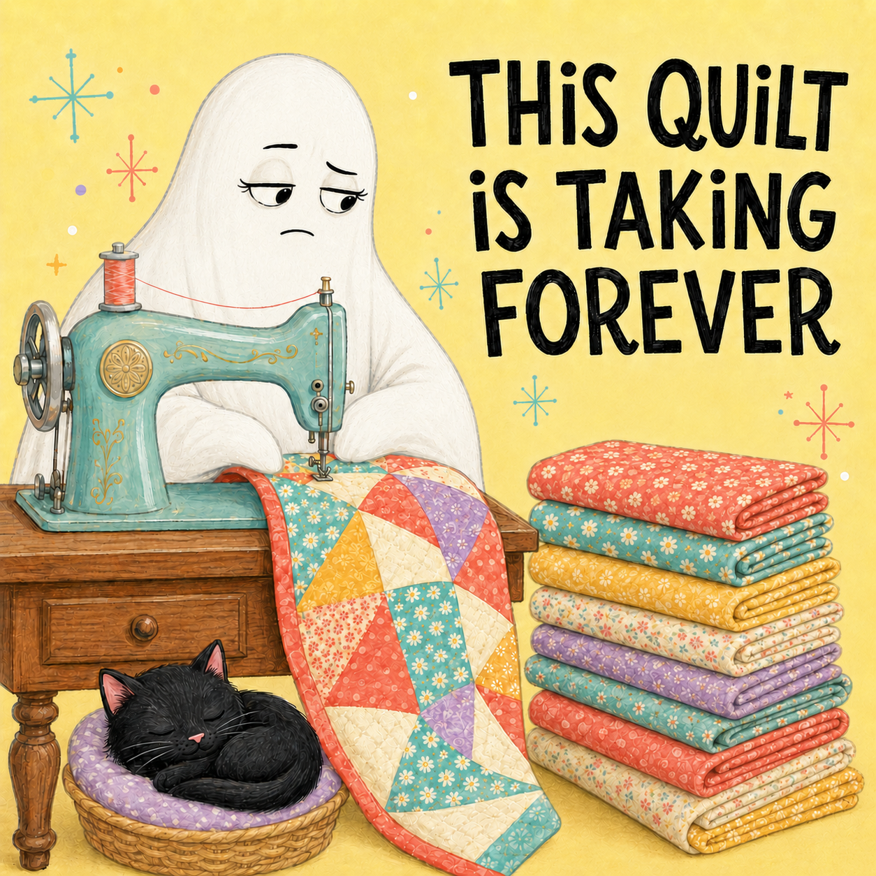 Illustrated cover art for a quilt pattern or book titled 'THIS QUILT IS TAKING FOREVER,' showing a ghost-like sewing woman at a teal sewing machine with a patchwork quilt, folded colorful quilts, and a sleeping black cat on a yellow background.