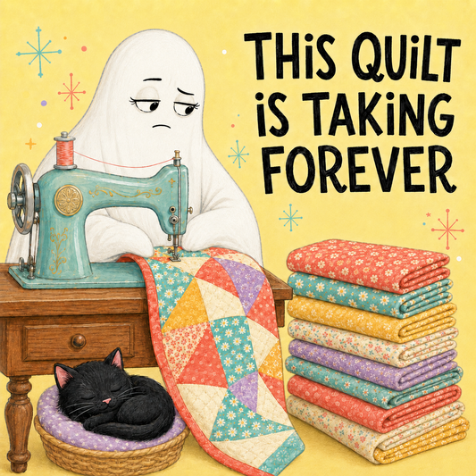Illustrated cover art for a quilt pattern or book titled 'THIS QUILT IS TAKING FOREVER,' showing a ghost-like sewing woman at a teal sewing machine with a patchwork quilt, folded colorful quilts, and a sleeping black cat on a yellow background.