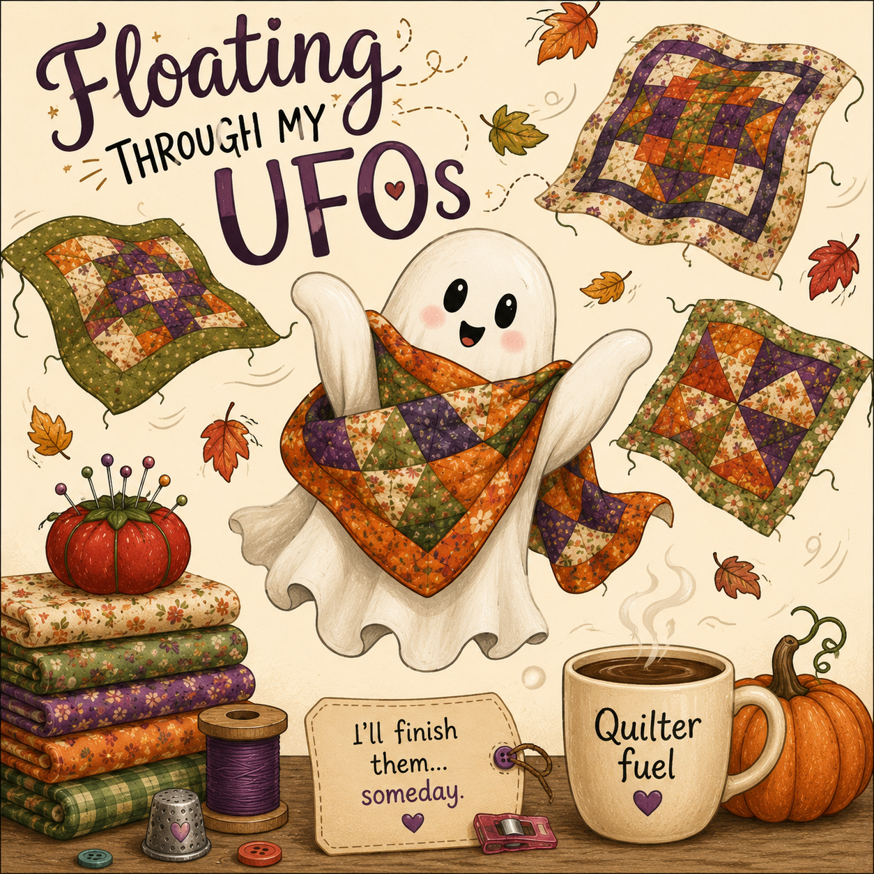 A cozy autumn-themed illustration with the text 'Floating Through My UFOs' above a ghost character wrapped in a patchwork quilt. Surrounding elements include folded quilts, fabric stacks, a pumpkin, a mug reading 'Quilter fuel,' and sewing notions on a warm cream background.