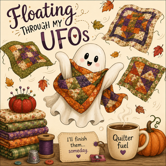 A cozy autumn-themed illustration with the text 'Floating Through My UFOs' above a ghost character wrapped in a patchwork quilt. Surrounding elements include folded quilts, fabric stacks, a pumpkin, a mug reading 'Quilter fuel,' and sewing notions on a warm cream background.
