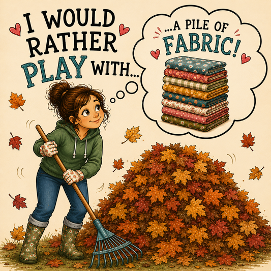 Illustrated autumn-themed graphic with a girl raking a pile of colorful fabric samples, with text reading 'I would rather play with.