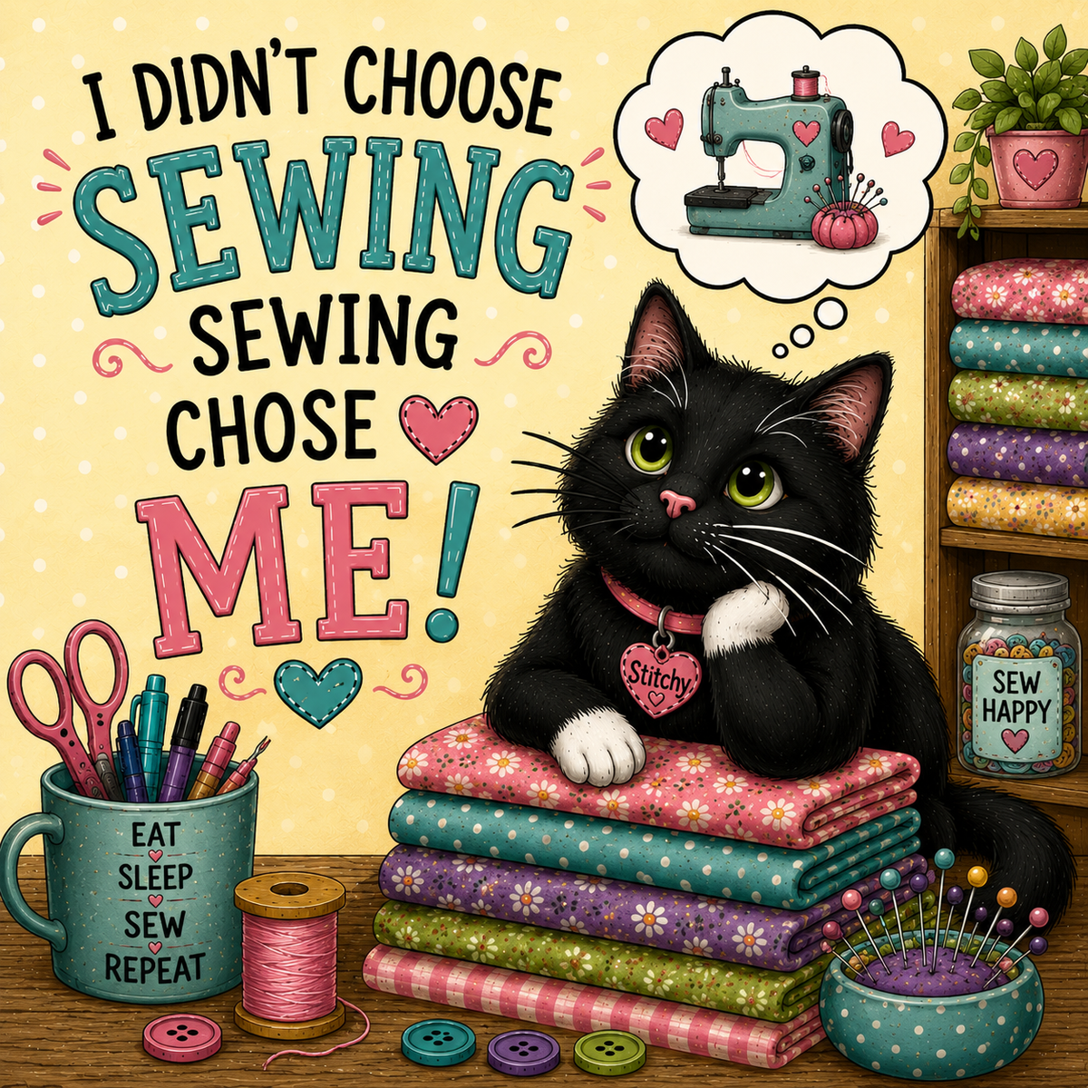 A whimsical sewing-themed illustration featuring a black cat wearing a pink collar with a heart tag that says 'Sew Happy'. The cat is sitting on a stack of colorful patterned fabrics on a wooden table.