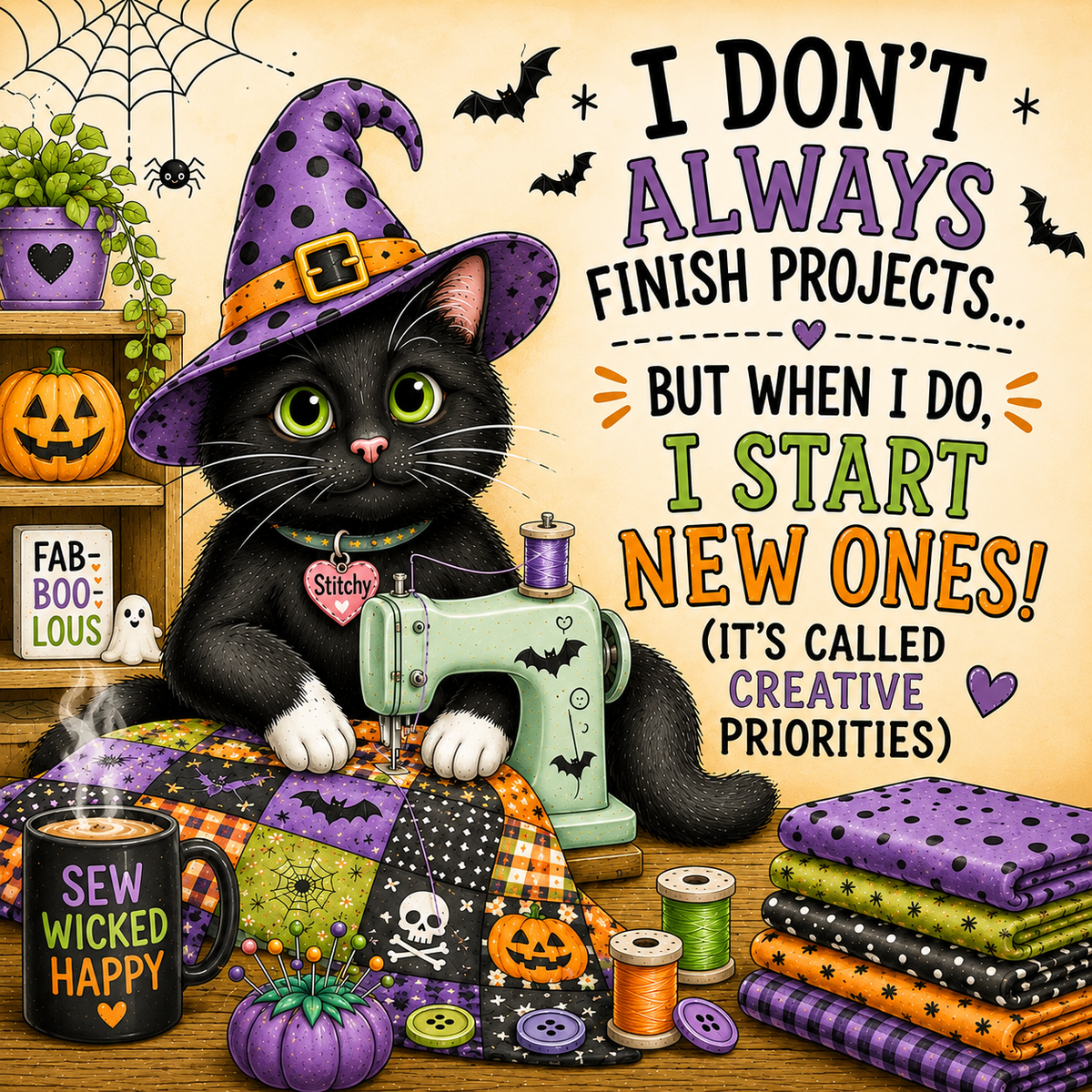 Halloween-themed graphic featuring a black cat in a purple witch hat behind a sewing machine, surrounded by quilting fabrics, spools of thread, a mug reading 'SEW WICKED HAPPY,' pumpkins, bats, spiders, and large decorative text about creative projects.