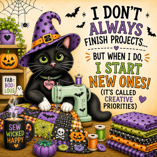 Halloween-themed graphic featuring a black cat in a purple witch hat behind a sewing machine, surrounded by quilting fabrics, spools of thread, a mug reading 'SEW WICKED HAPPY,' pumpkins, bats, spiders, and large decorative text about creative projects.