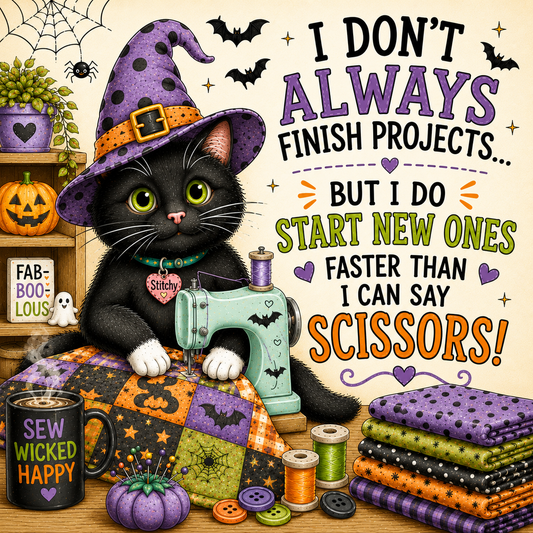 A whimsical Halloween-themed illustration of a black cat wearing a purple witch hat and sitting at a mint green sewing machine, surrounded by quilting supplies, fabrics, a mug, and decorative text that reads, 'I DON'T ALWAYS FINISH PROJECTS.