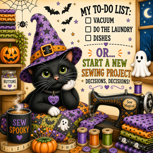 A whimsical Halloween-themed illustration featuring a black cat wearing a purple witch hat, surrounded by sewing and autumn decor. The scene includes a sewing machine, spools of thread, folded patterned fabric, a mug reading 'SEW SPOKY', a to-do list, bats, a ghost, and shelves of seasonal items.