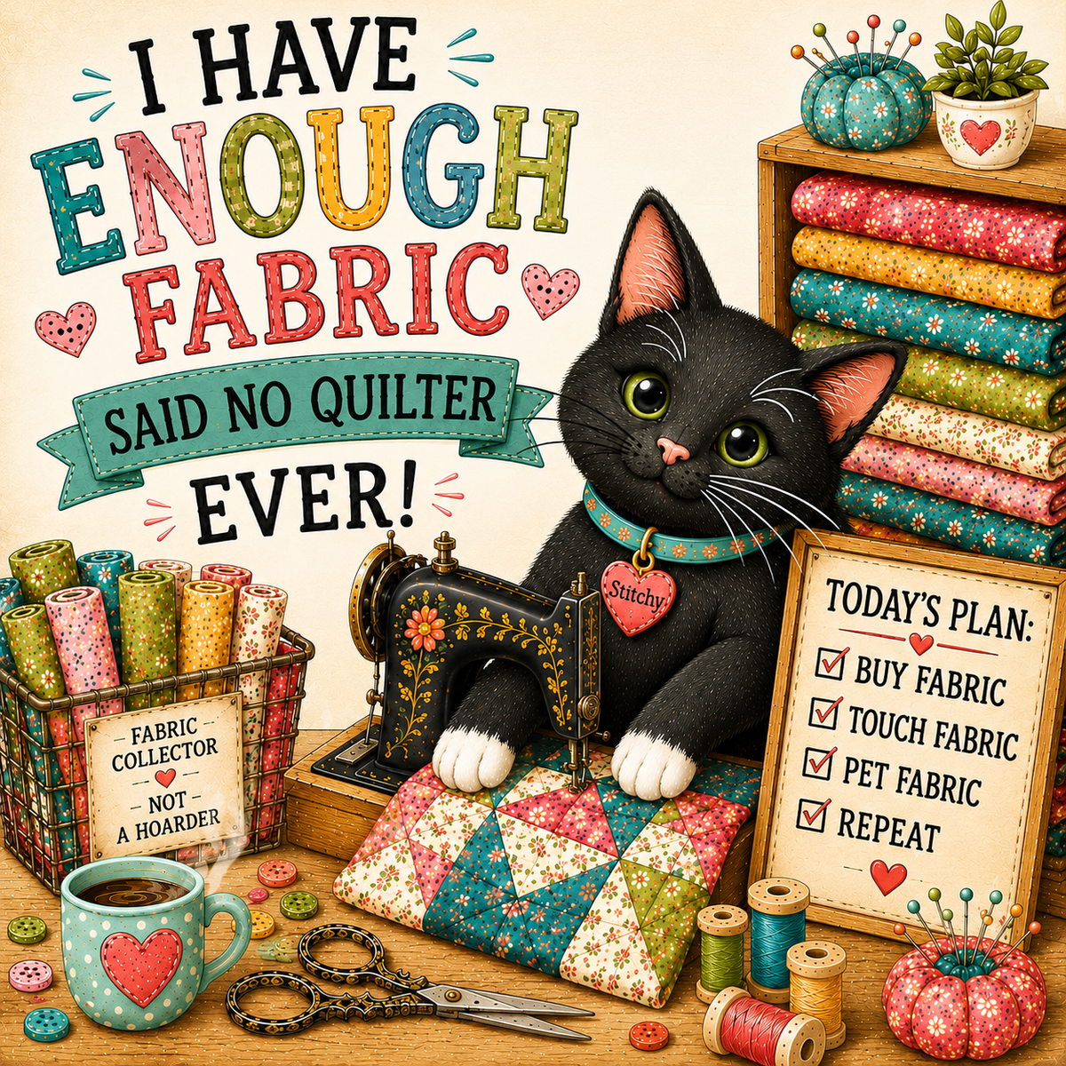 A cozy sewing-themed illustration with a black cat wearing a heart-shaped collar, surrounded by colorful fabrics, a vintage-style sewing machine, scissors, a mug, and decorative signs. Large text reads, 'I HAVE ENOUGH FABRIC SAID NO QUILTER EVER!' on a cream background.