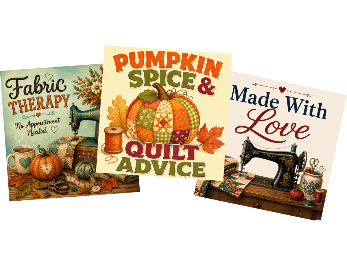 Three decorative book or booklet covers arranged together on a white background: “Fabric Therapy” on the left, “Pumpkin Spice & Quilt Advice” in the center, and “Made With Love” on the right. The covers feature autumn-themed illustrations, sewing machines, quilts, pumpkins, leaves, and warm text styling.