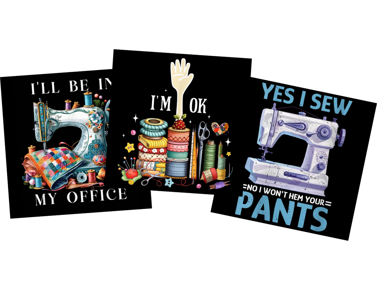 Three black novelty sewing-themed cards arranged in a fan shape. The left card reads 'I'LL BE IN MY OFFICE' with a colorful sewing machine and thread spools.