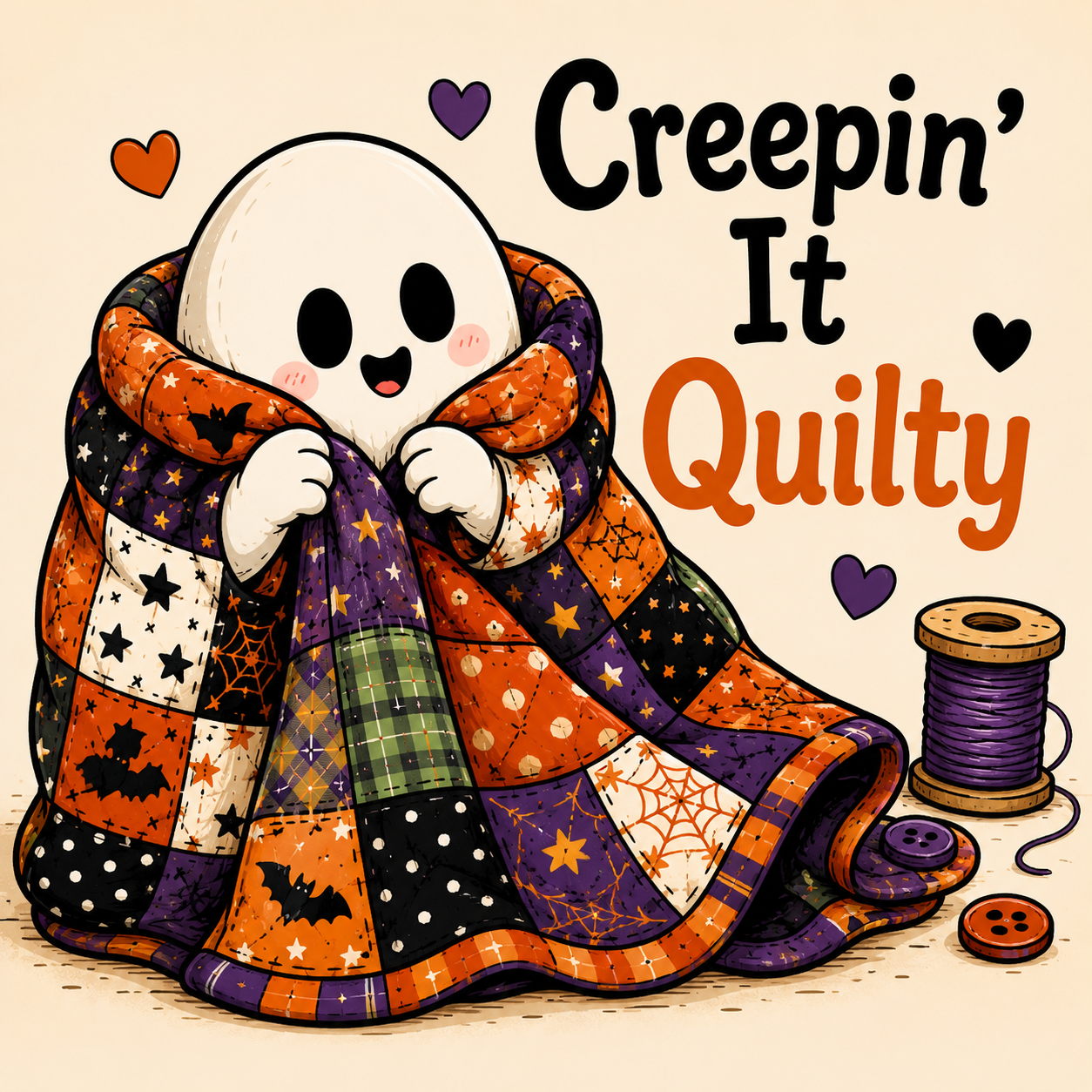A cute cartoon ghost wrapped in a patchwork Halloween quilt, with the text 'Creepin' It Quilty' and a spool of purple thread on a beige background.