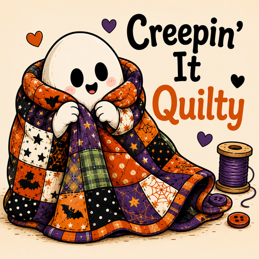 A cute cartoon ghost wrapped in a patchwork Halloween quilt, with the text 'Creepin' It Quilty' and a spool of purple thread on a beige background.