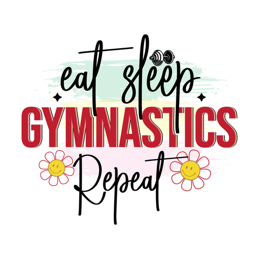 Gymnastics quote photo magnet reading “Eat Sleep Gymnastics Repeat” with cheerful flowers — handcrafted by Pixie Printed, made with love in the USA. ✨