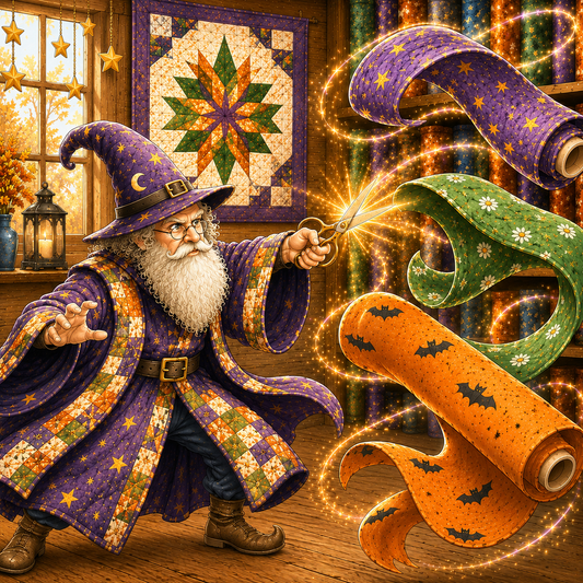 A whimsical illustrated wizard in a purple patchwork robe and hat casts a spell, with colorful patterned fabric scrolls floating in the air inside a warmly lit room. The scrolls show purple with gold stars, green with white flowers, and orange with black bats.