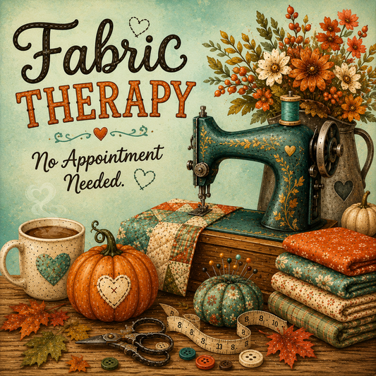Vintage fall scene with a green background, vintage sewing machine, fall flowers in a vase. "Fabric Therapy - No appointment needed"