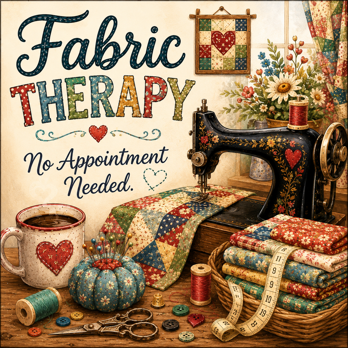 Vintage sewing machine with quilt being worked on.  Words say "Fabric Therapy - No Appointment Needed" vintage decor