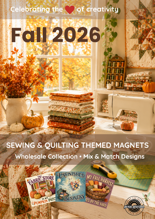 Promotional graphic for an autumn-themed sewing and quilting magnets wholesale collection, featuring a cozy craft room scene with a sewing machine, quilted fabrics, pumpkins, and a window with fall foliage. Large text reads 'Fall 2026' and 'Sewing & Quilting Themed Magnets Wholesale Collection • Mix & Match Designs,' with three sample magnet covers shown at the bottom.