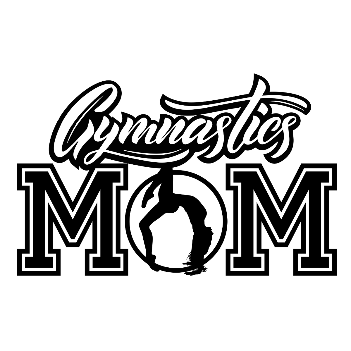Black and white graphic with 'Gymnastics Mom' text and a silhouette of a gymnast. Pixie Printed handcrafted photo magnets — unique personalized gifts made with heart. ❤️