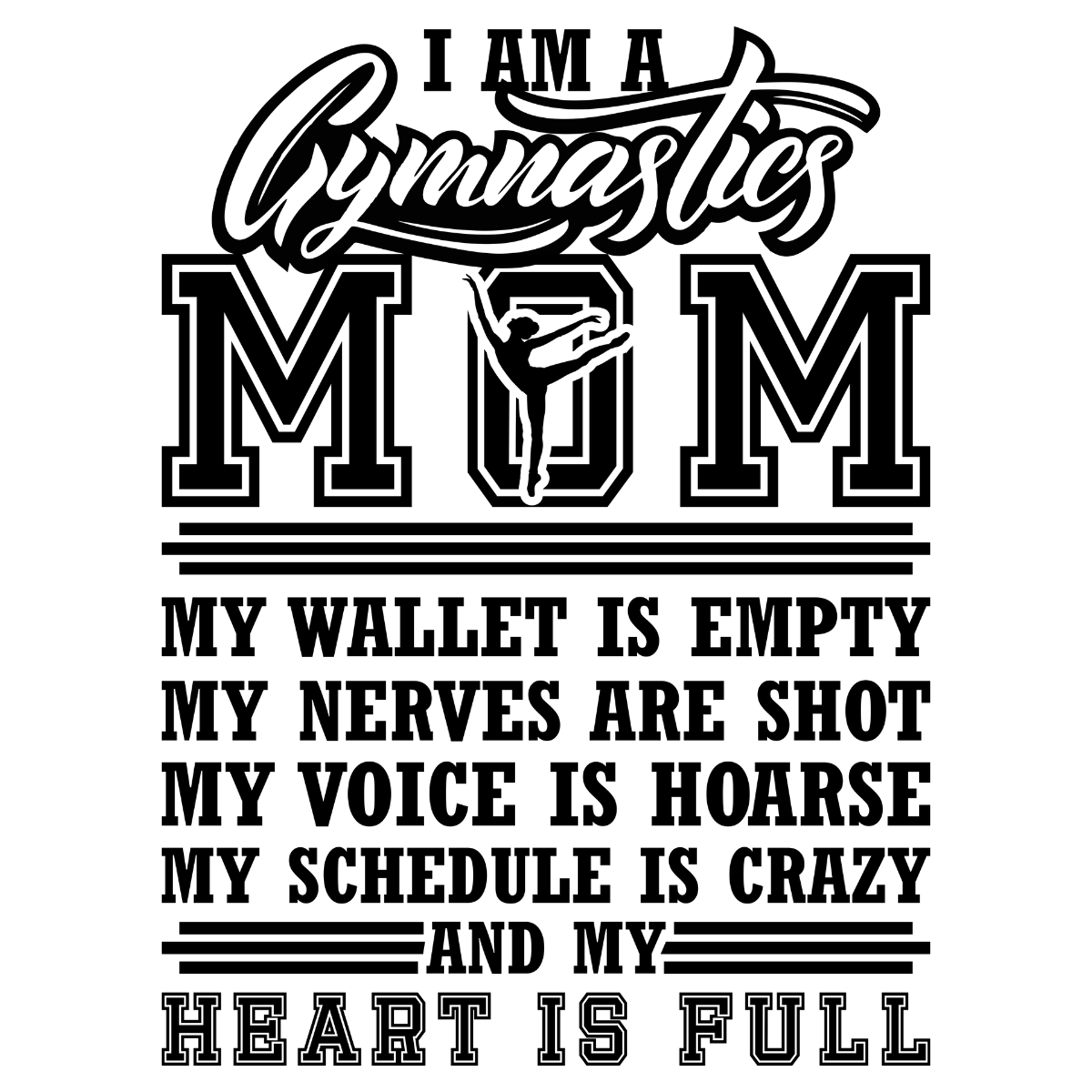 Text graphic with 'I am a Gymnastics Mom' and humorous description on a white background.  Pixie Printed handcrafted photo magnets — unique personalized gifts made with heart. ❤️