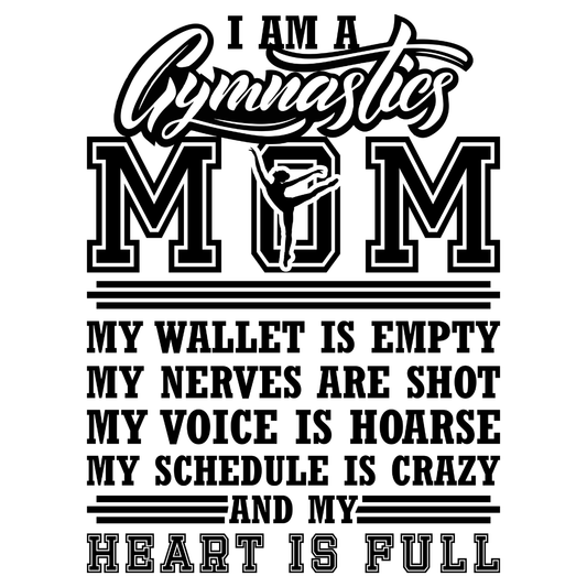 Text graphic with 'I am a Gymnastics Mom' and humorous description on a white background.  Pixie Printed handcrafted photo magnets — unique personalized gifts made with heart. ❤️