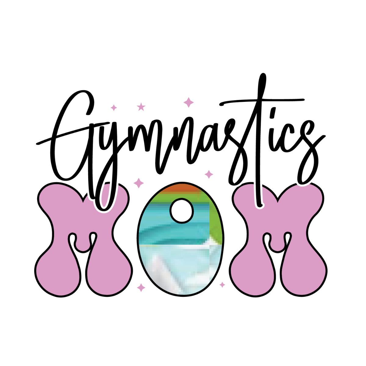 Gymnastics Mom text with a colorful dumbbell and star decorations on a white background - handcrafted by Pixie Printed, made with love in the USA. ✨