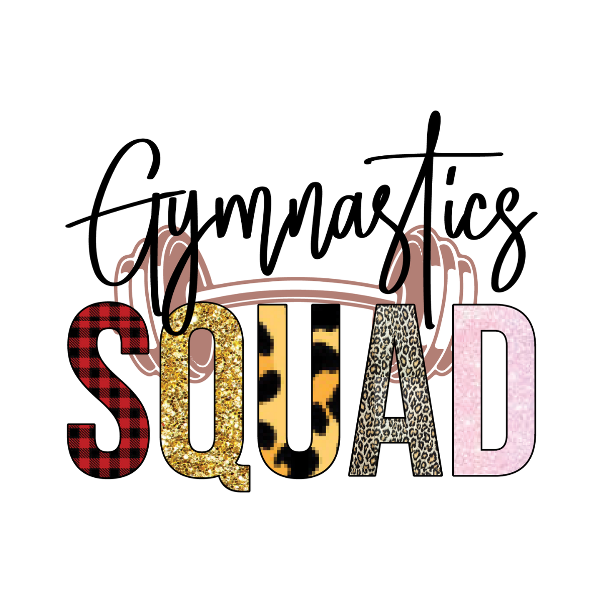Text 'Gymnastics Squad' with colorful letters on a white background - handcrafted by Pixie Printed, made with love in the USA. ✨