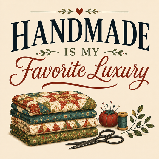A decorative graphic with the phrase “HANDMADE IS MY Favorite Luxury” on a warm cream background, above a styled sewing-themed arrangement including folded patchwork quilts, scissors, a pincushion, thread spool, and leafy accents.