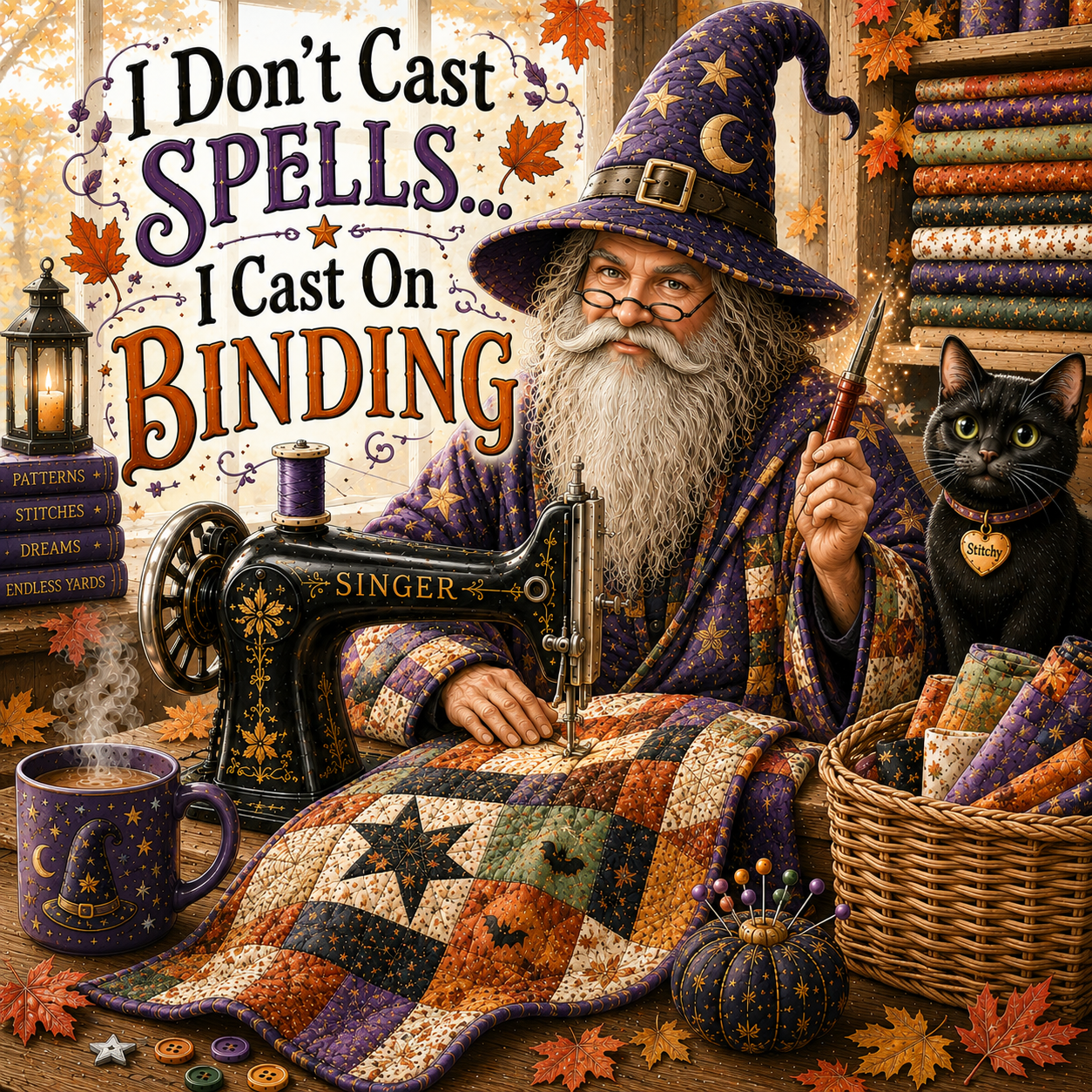 "I Don't Cast Spells - I Cast On Binding" vintage sewing scene with a warlock, black cat and want seated by a vintage Singer sewing machine - ready to work his magic