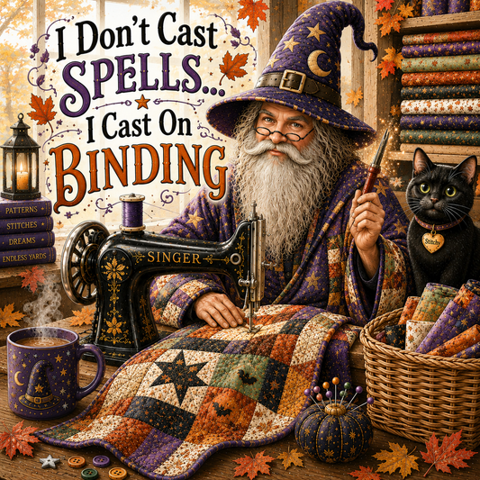 "I Don't Cast Spells - I Cast On Binding" vintage sewing scene with a warlock, black cat and want seated by a vintage Singer sewing machine - ready to work his magic