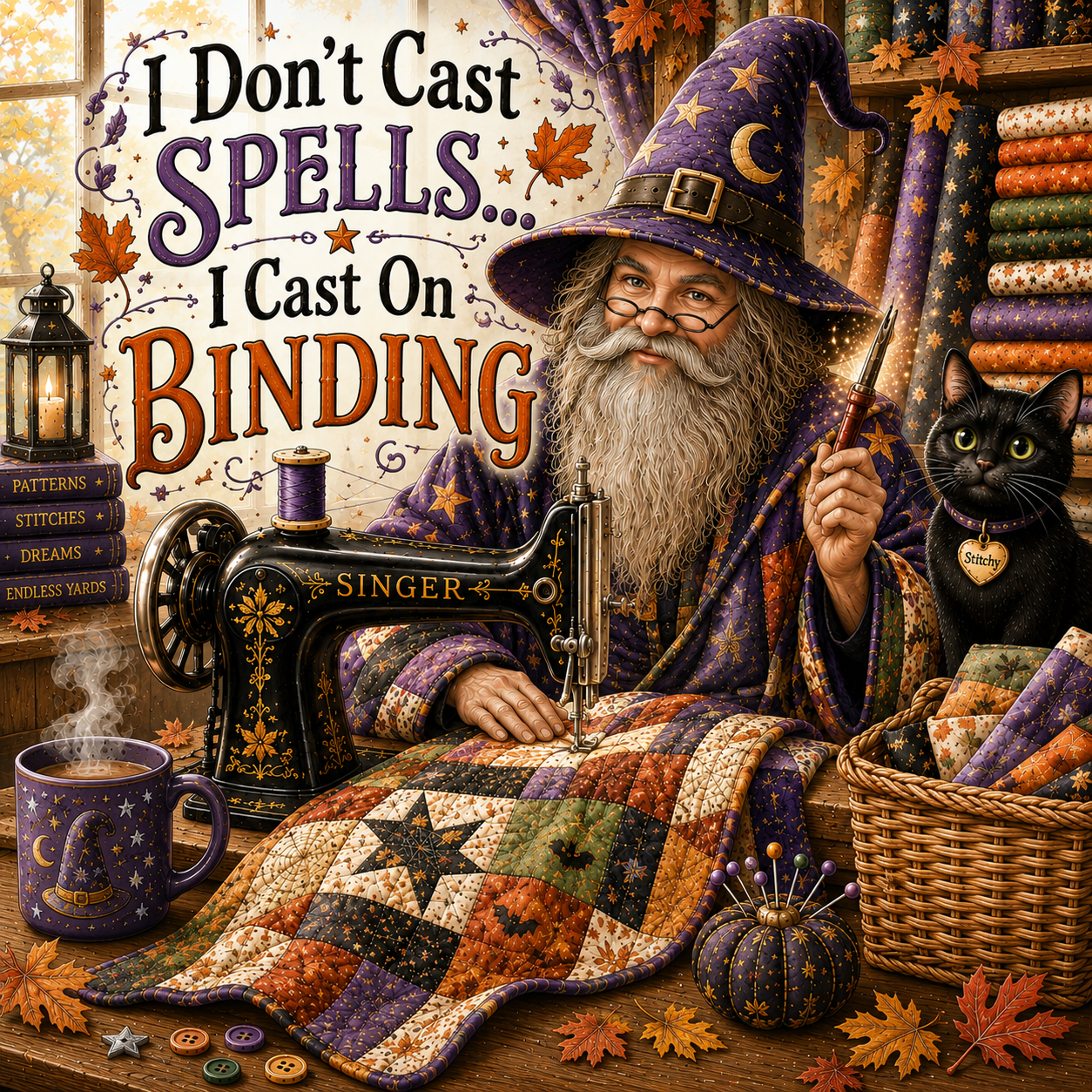 "I Don't Cast Spells I Cast On Binding" vintage warlock seated at a vintage Singer sewing machine with his magic wand and black cat - all set for a day of sewing on binding