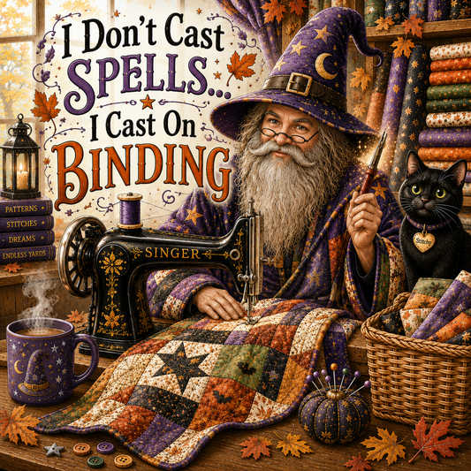 "I Don't Cast Spells I Cast On Binding" vintage warlock seated at a vintage Singer sewing machine with his magic wand and black cat - all set for a day of sewing on binding
