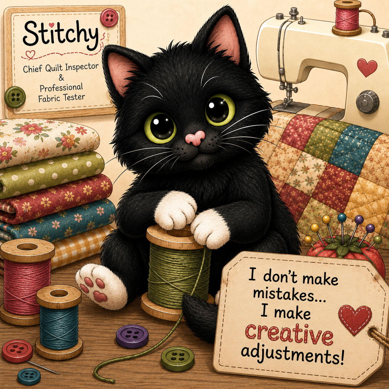 A whimsical illustration of a black cat with large green eyes sitting among quilting supplies, including folded patterned fabrics, thread spools, buttons, pins, and a sewing machine. Two decorative signs read 'Stitchy, Chief Quilt Inspector & Professional Fabric Tester' and 'I don't make mistakes.