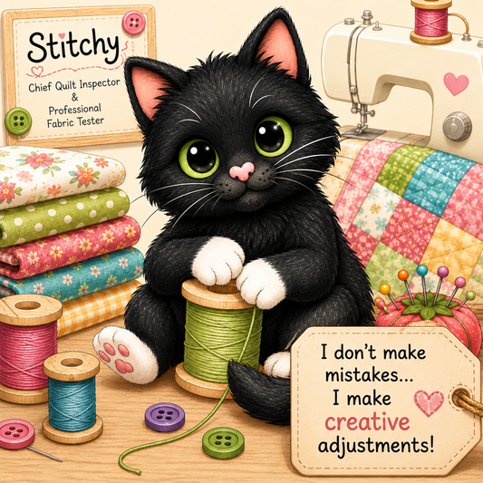 A stylized illustration of a black cat with large green eyes sitting among sewing supplies, including thread spools, folded fabrics, buttons, pins, a sewing machine, and a quilt. A sign reads 'Stitchy' and another tag says, 'I don't make mistakes.
