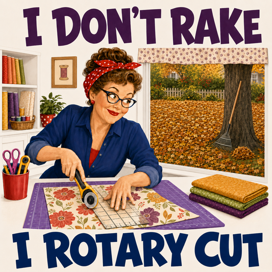 A retro-style illustrated poster showing a woman in a blue shirt and red polka-dot headband using a rotary cutter on patterned fabric. Large text at the top reads 'I DON'T RAKE' and text at the bottom reads 'I ROTARY CUT.