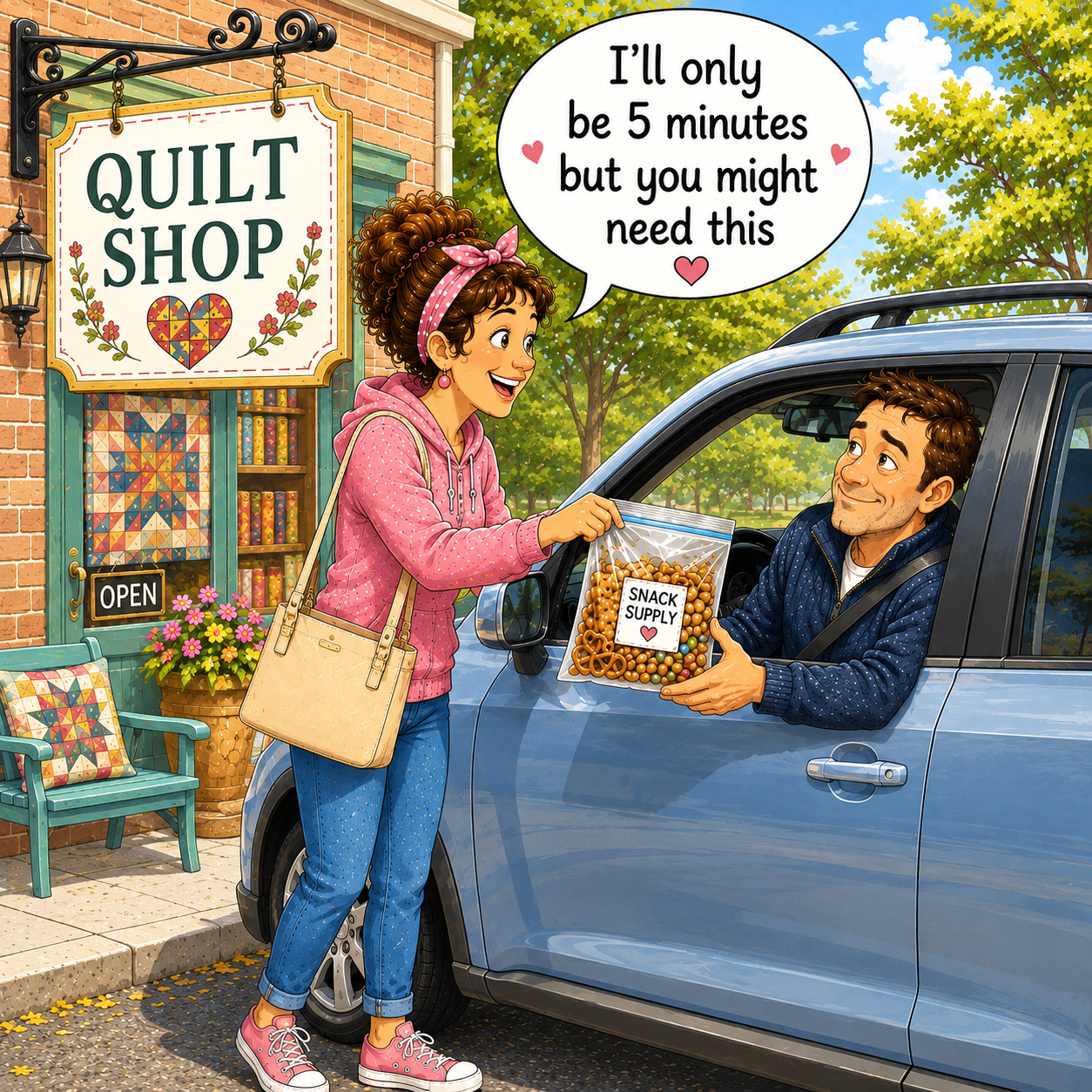 A woman at a quilt shop gives a man in a blue car a 5-minute snack supply. She holds a clear bag filled with small brown snack pieces labeled 'SNACK SUPPLY'. So that he can patiently wait while she shops in the quilt store. Sewing humor.