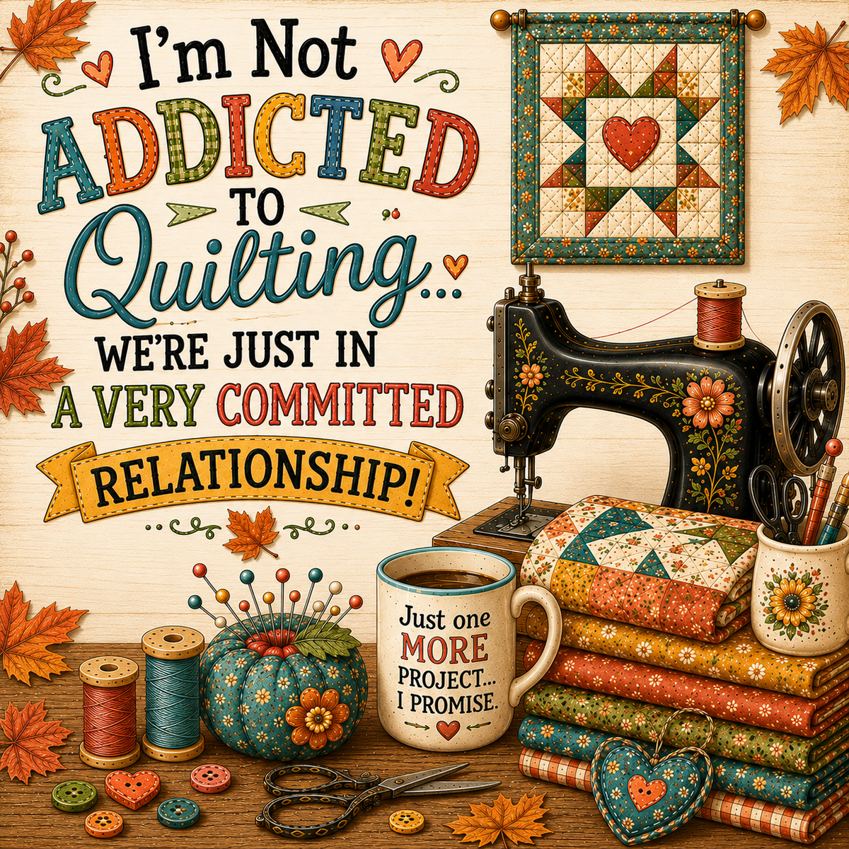 A cozy autumn-themed quilting scene with a vintage-style sewing machine, colorful fabric, spools of thread, a mug reading 'Just one MORE PROJECT.