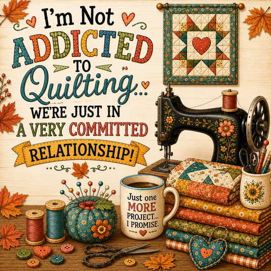 A cozy autumn-themed quilting scene with a vintage-style sewing machine, colorful fabric, spools of thread, a mug reading 'Just one MORE PROJECT.