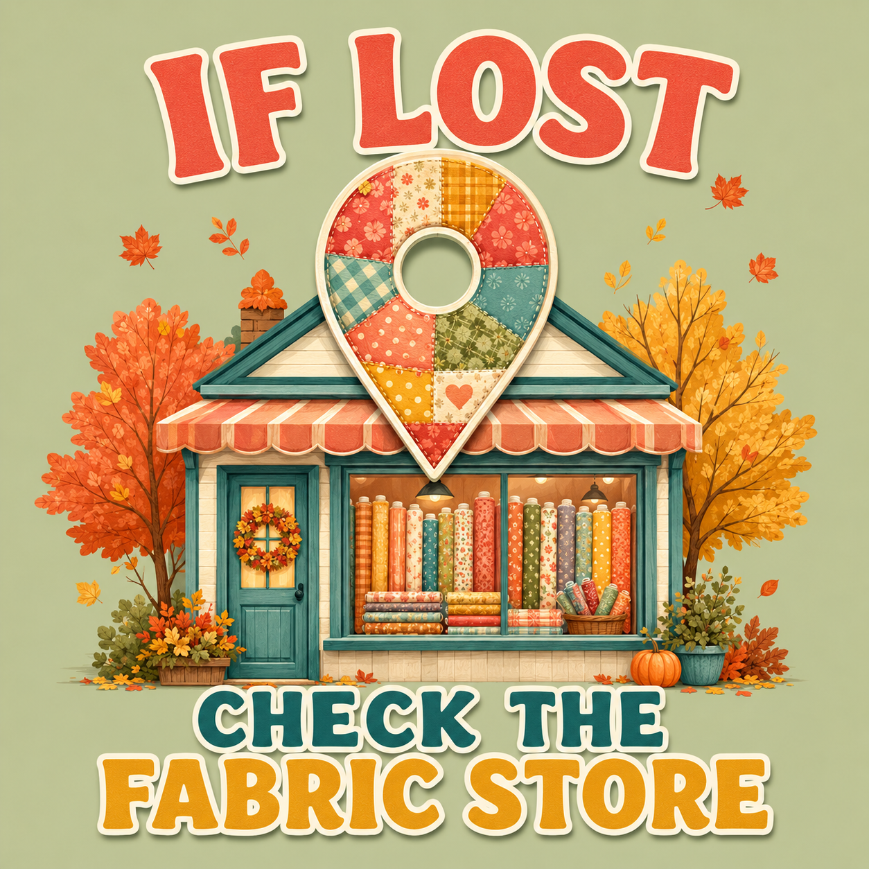 A stylized autumn graphic with the words “IF LOST” at the top and “CHECK THE FABRIC STORE” at the bottom, surrounding an illustrated fabric store with colorful patterned quilts, fall trees, and a large patchwork map pin over the roof.