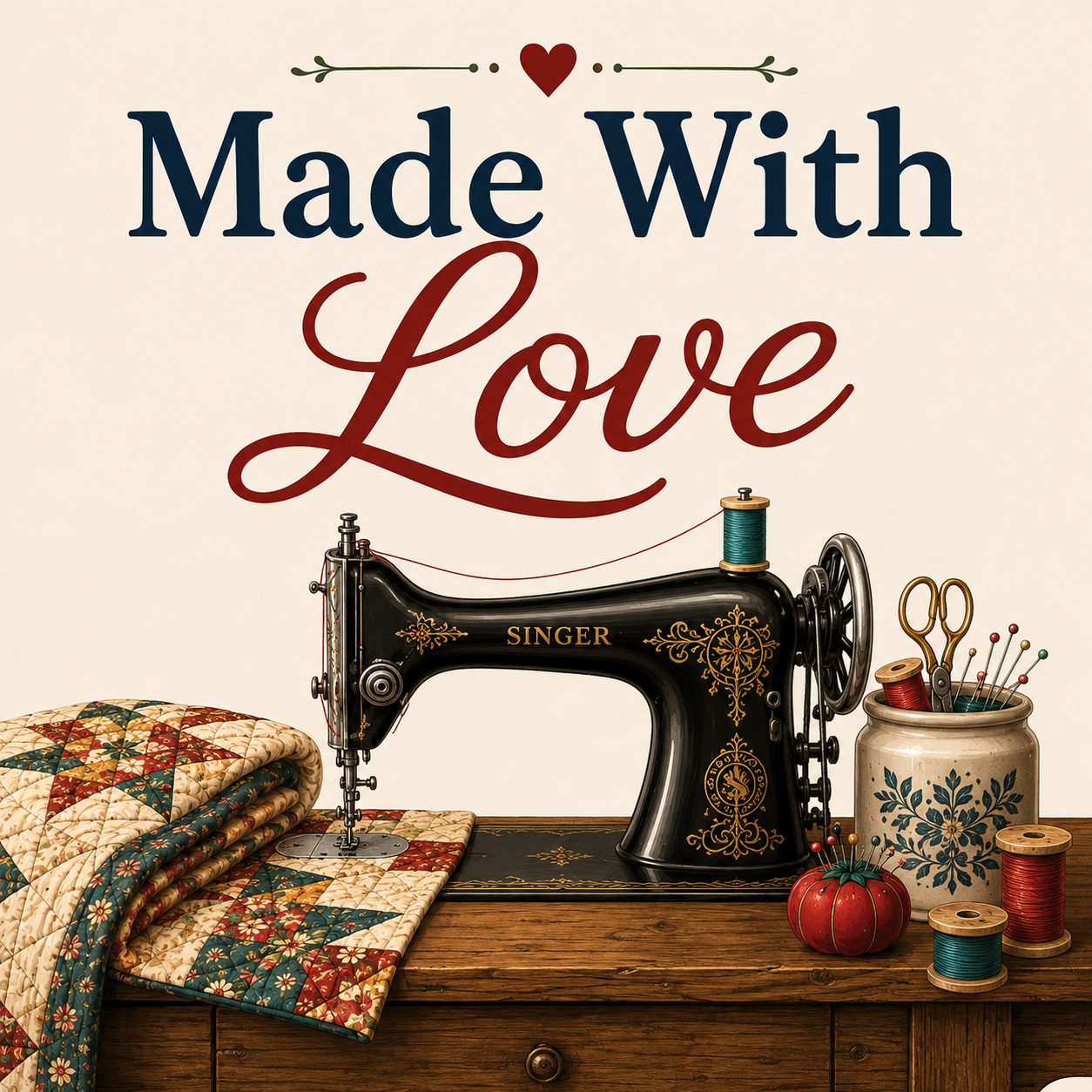 Vintage-style sewing scene with a black Singer sewing machine on a wooden table, alongside a quilted blanket, thread spools, scissors, and a decorative jar. Large text above reads 'Made With Love' on a cream background.