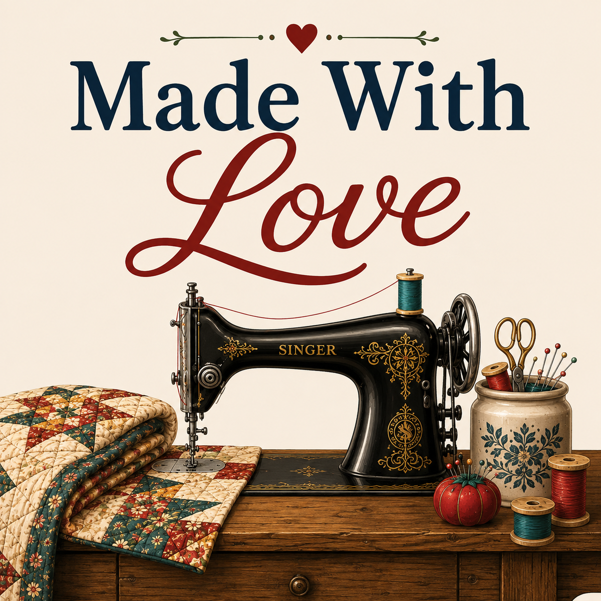 Vintage-style sewing scene with a black Singer sewing machine on a wooden table, alongside a quilted blanket, thread spools, scissors, and a decorative jar. Large text above reads 'Made With Love' on a cream background.