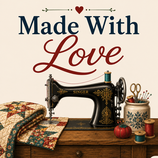 Vintage-style sewing scene with a black Singer sewing machine on a wooden table, alongside a quilted blanket, thread spools, scissors, and a decorative jar. Large text above reads 'Made With Love' on a cream background.